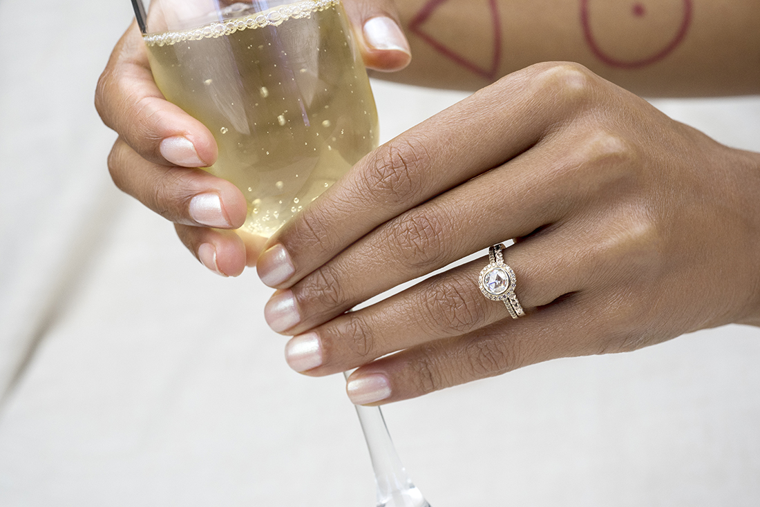 H and wearing Halo Rose Cut Diamond Ring with Eternity Champagne Diamond B and