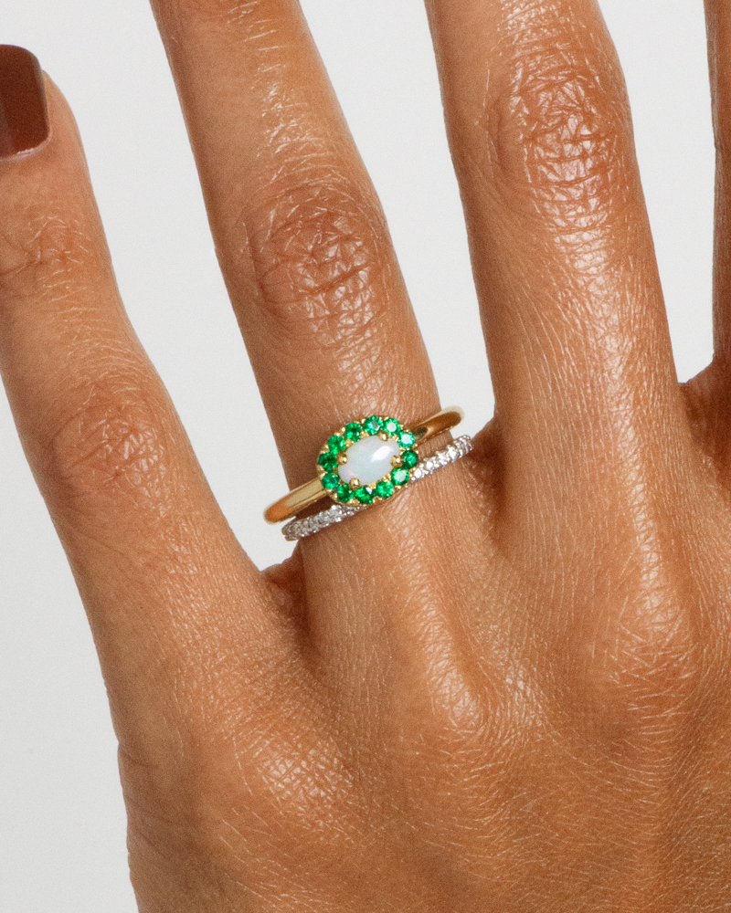 Dasha Opal with Emerald Halo Ring with Eternity Diamond Band_WEB2