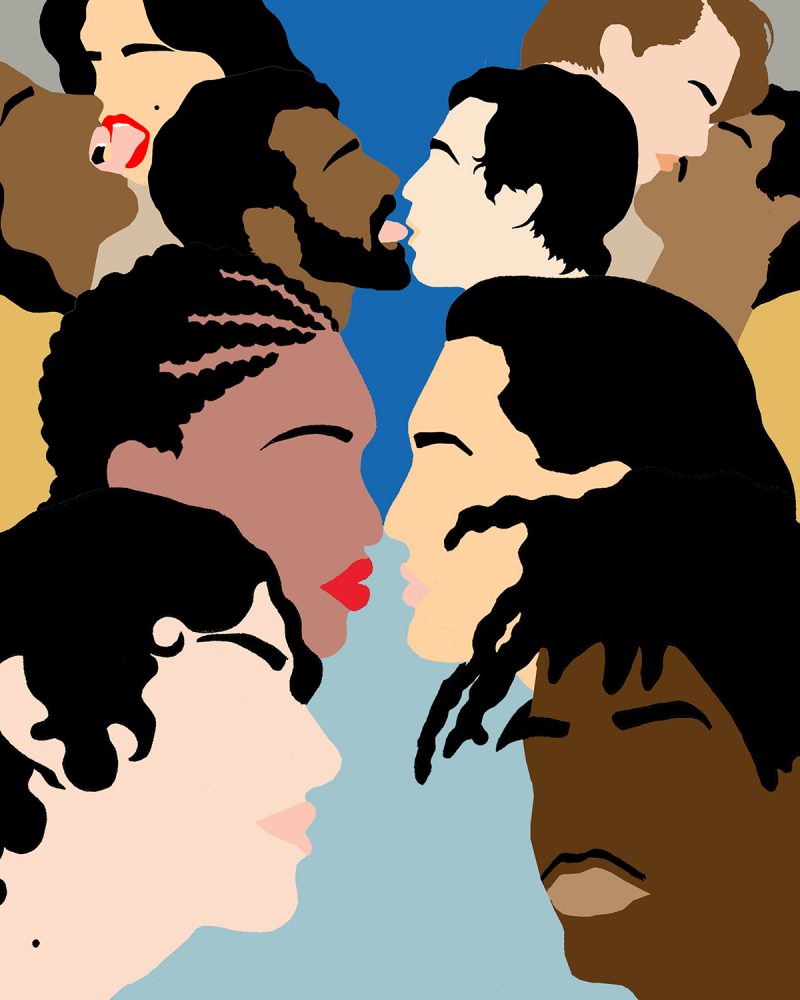 Image of couples with various ethnicities, genders  and orientations in a kiss.
