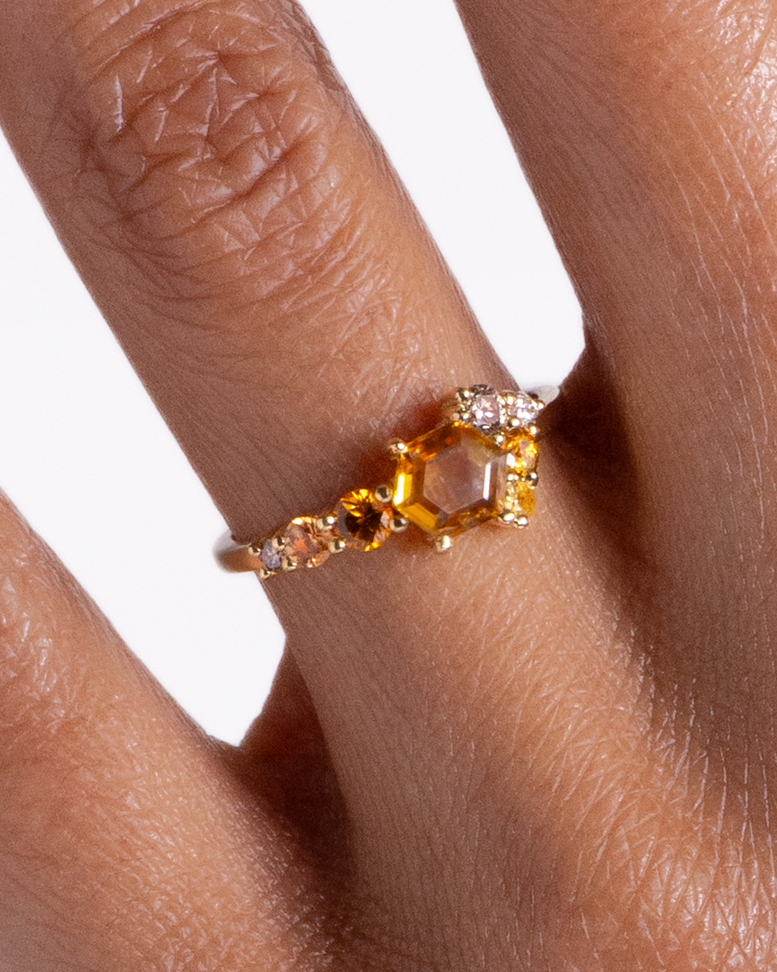Radial Cluster Hex Apricot Sapphire Ring 14Y On Figure 1_WEB2