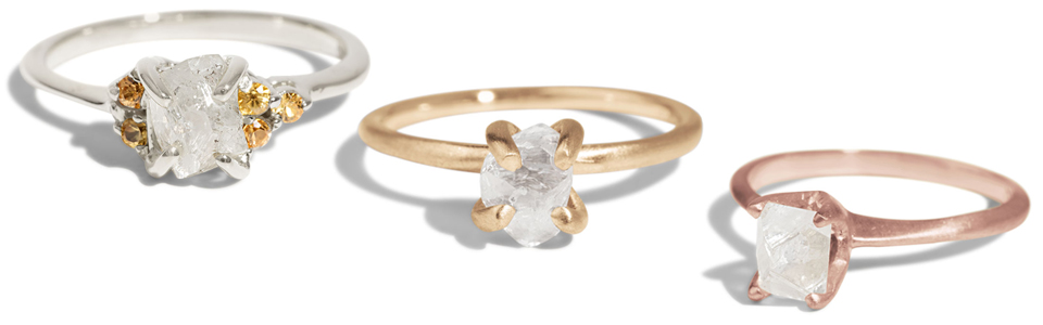 L to R: Avens Asymmetrical Raw Diamond Ring, Kalmia Raw Diamond Ring, Avens Raw Diamond Ring