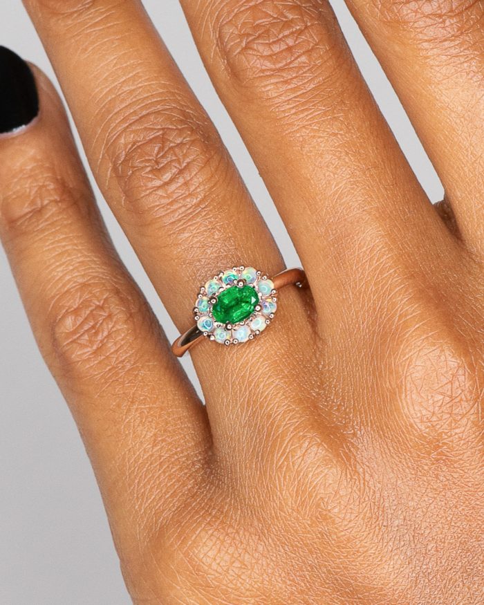 Contemporary Oval Emerald and Diamond Cluster Ring at Susannah Lovis  Jewellers