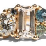 Custom Emerald Cut White Sapphire and Blue Green Sapphire Cluster Ring in 14kt Yellow Gold