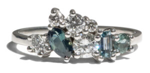 Custom Diamond and Blue Green Sapphire Cluster Ring in Platinum