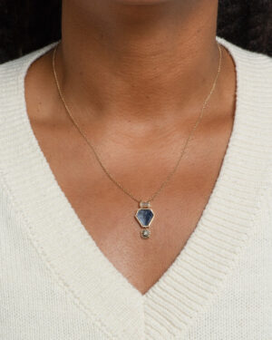 One of a Kind Sapphire Slice and Diamond Fairmined Gold Pendant on Figure