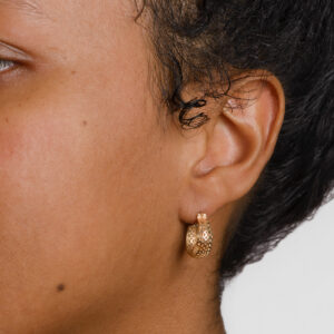 Shield Filigree Hoops in Yellow Gold on Figure