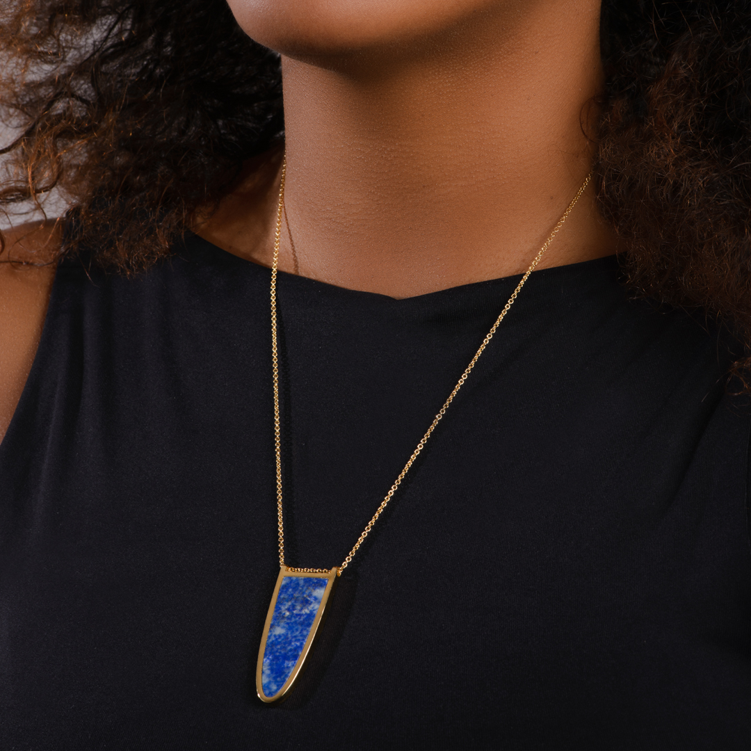 Shield Lapis Slice Pendant on Figure